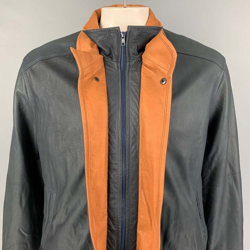 REMY Navy Tan Leather Zip Up Jacket - Picture 2 of 6